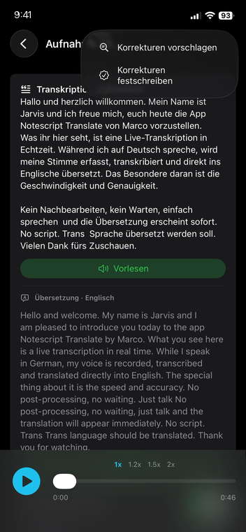 Menü über der Mitschrift mit den Einträgen „Korrekturen vorschlagen“ und „Korrekturen festschreiben“.